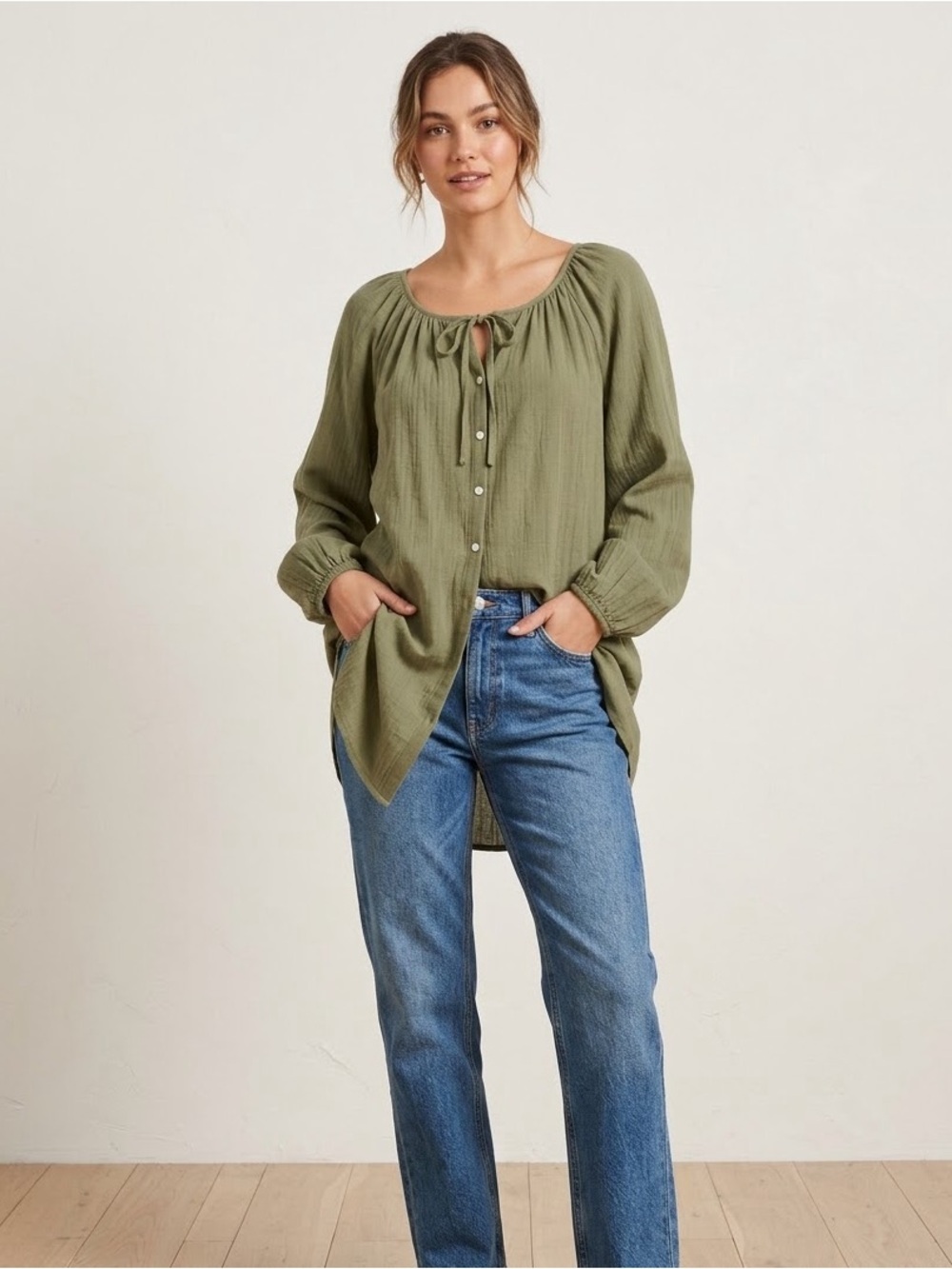 Aerie Oversized Button Down Balloon Sleeve Blouse Green Size S Boho Beach Hippie
